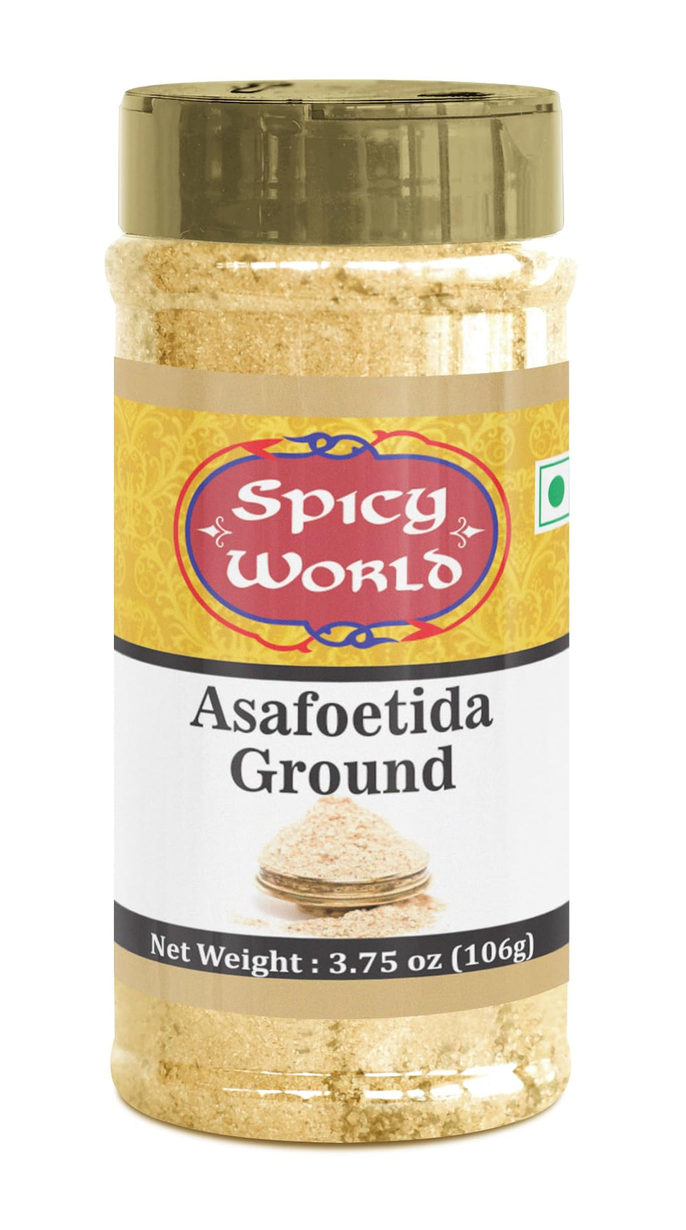 Spicy World asafoetida Hing ground powder jar, ready to flavor Indian curries.