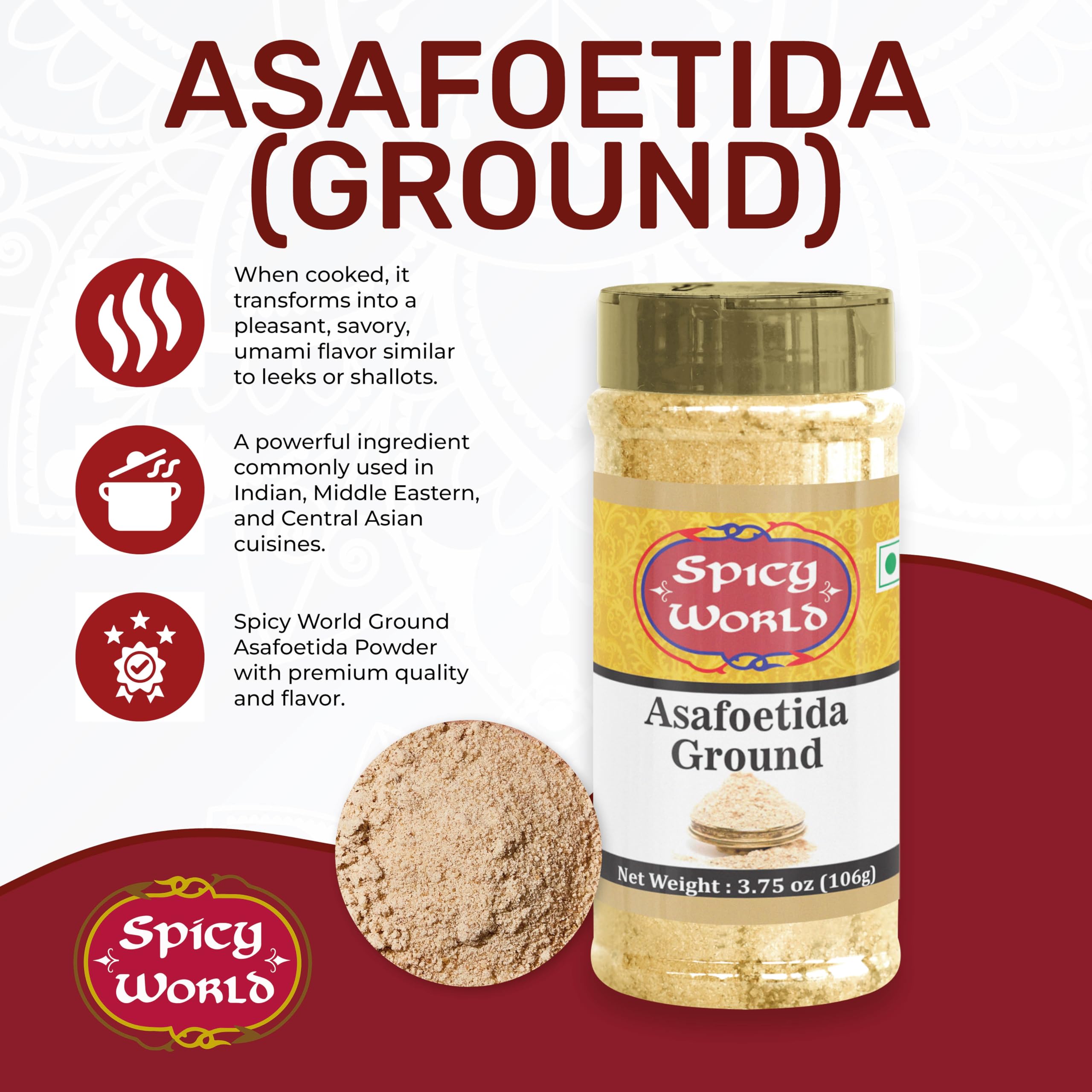 Spicy World asafoetida packaging label jar shows all natural, non-GMO promise.