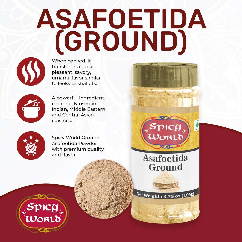 Spicy World asafoetida packaging label jar shows all natural, non-GMO promise.
