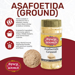 Spicy World asafoetida packaging label jar shows all natural, non-GMO promise.
