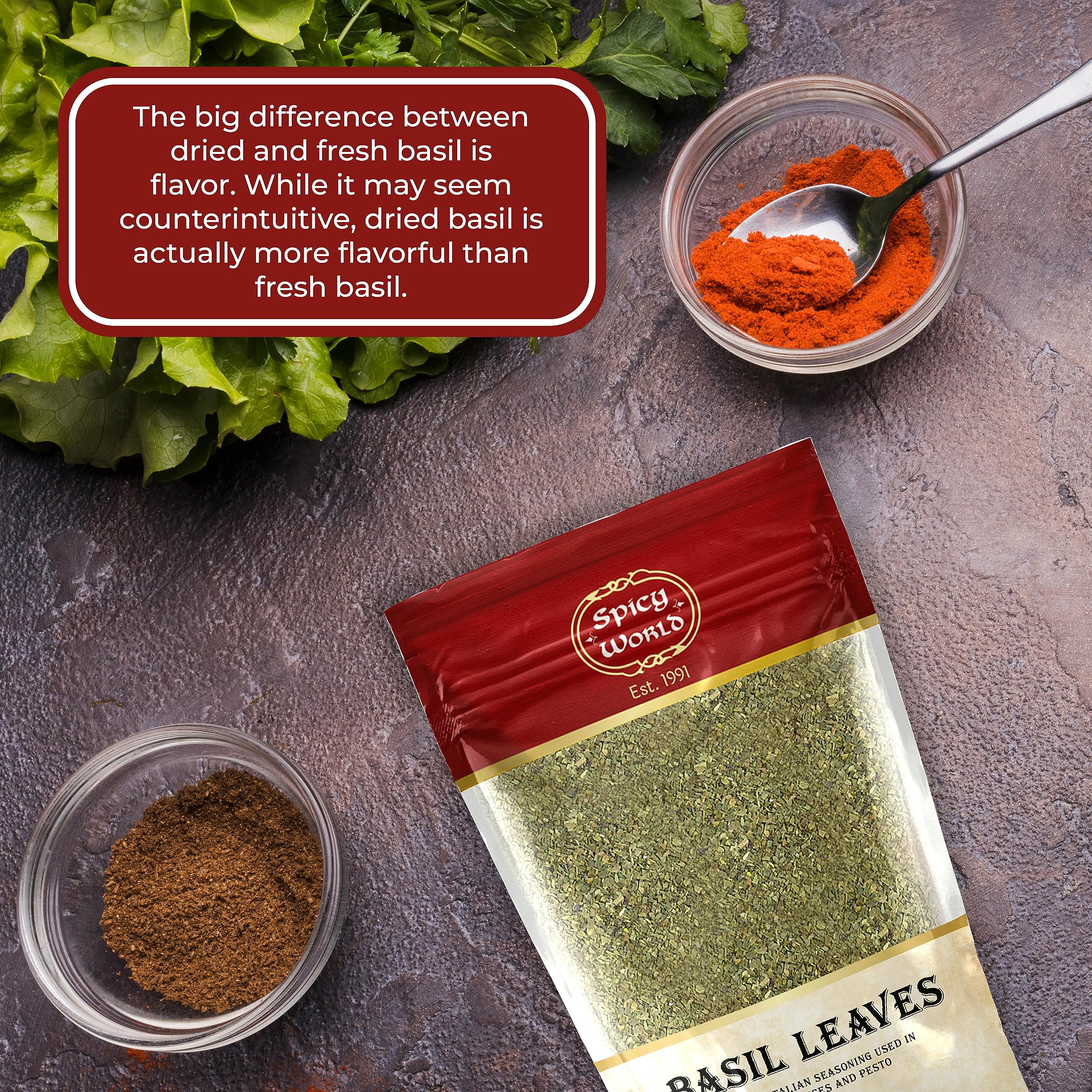 Spicy World Ayurveda herb dried basil enhances traditional recipes.