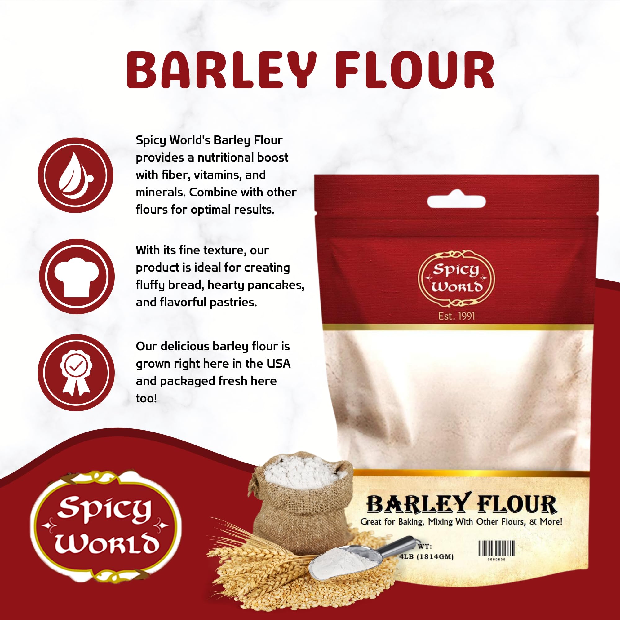 Spicy World Barley Flour bowl pouring, ideal for fluffy breads and pancakes