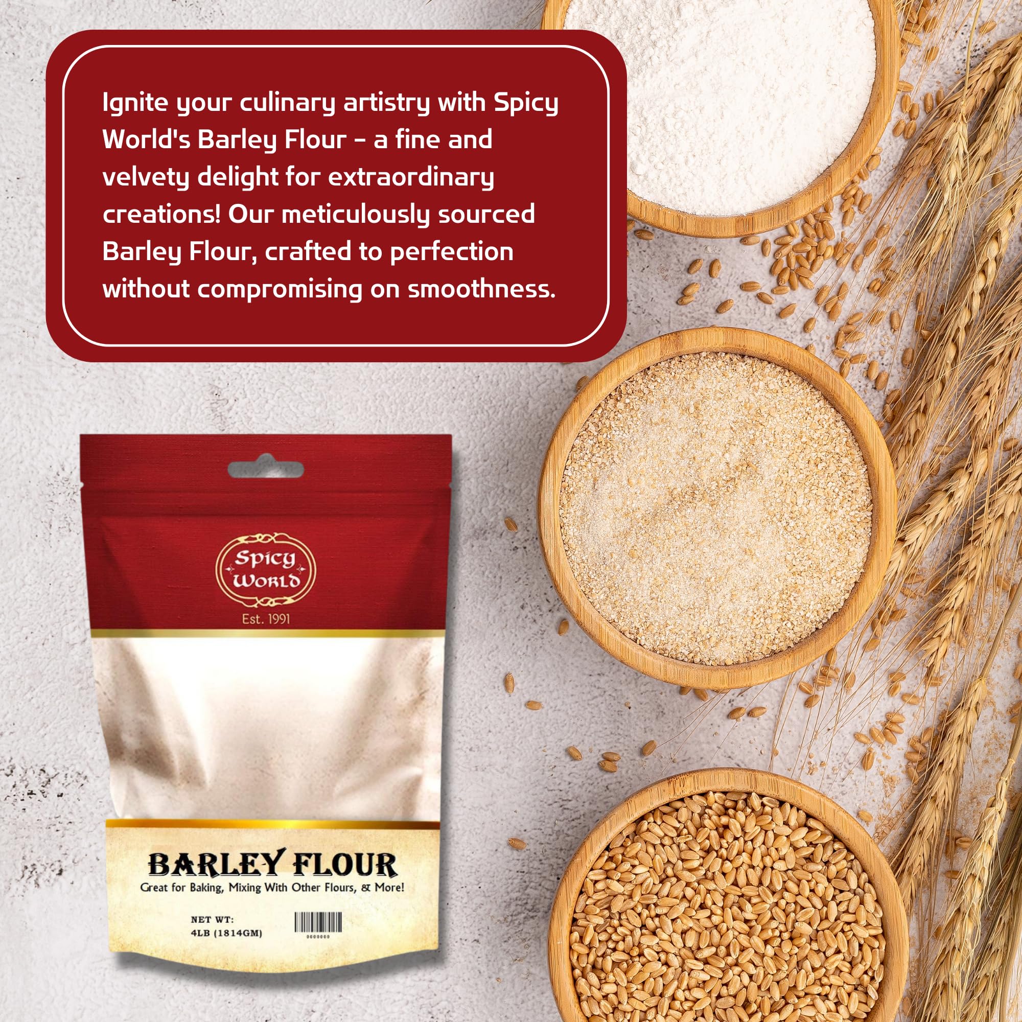 Spicy World Barley Flour dry ingredients on counter, highlighting fiber-rich baking option