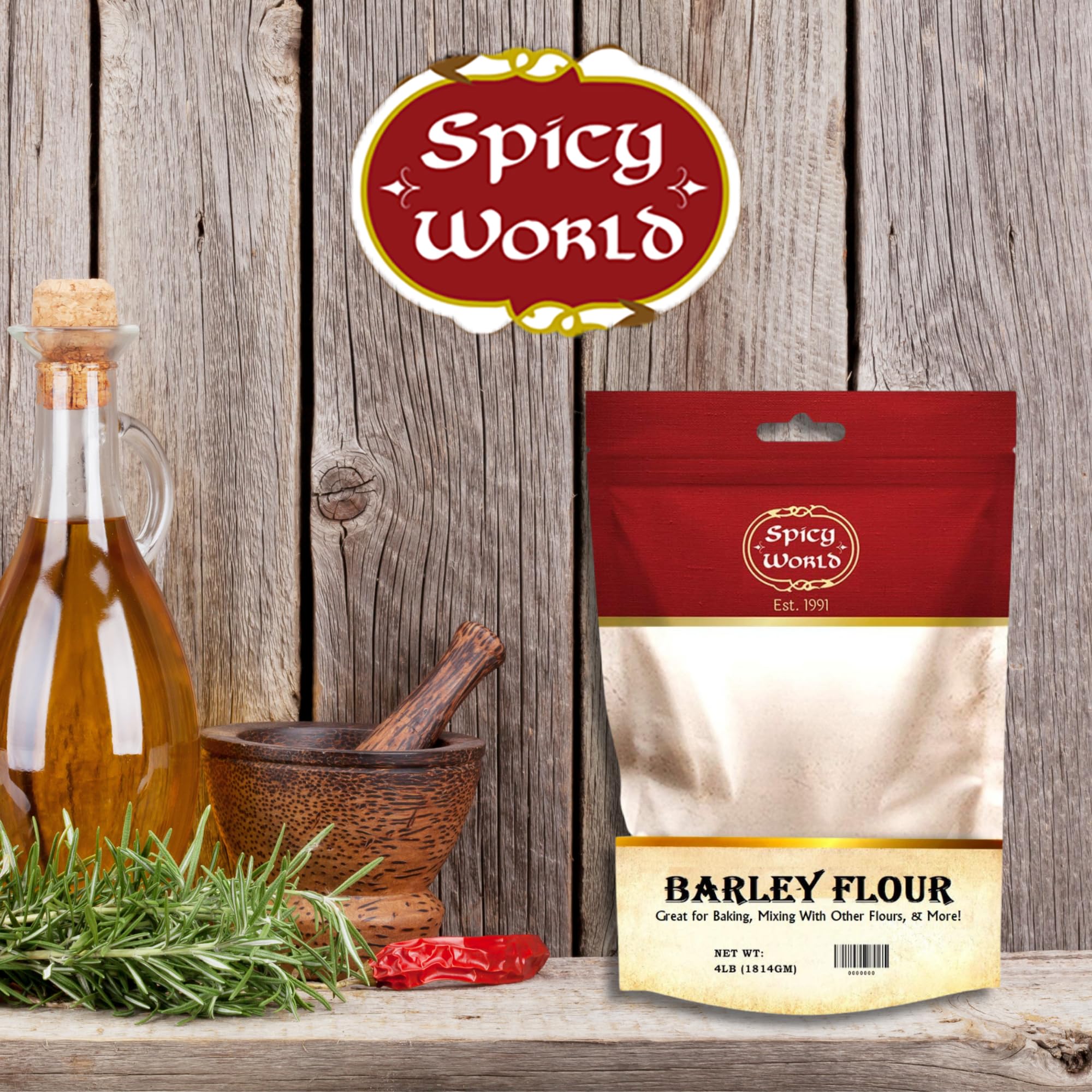 Spicy World Barley Flour packaging closeup, emphasizing raw, all-natural USA-grown quality