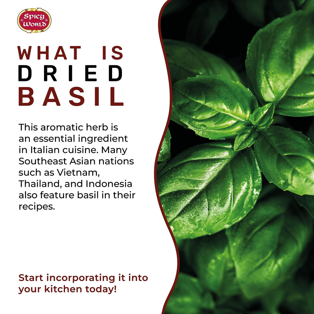 Spicy World dried basil leaves jar label view suggests convenient storage.