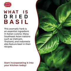 Spicy World dried basil leaves jar label view suggests convenient storage.