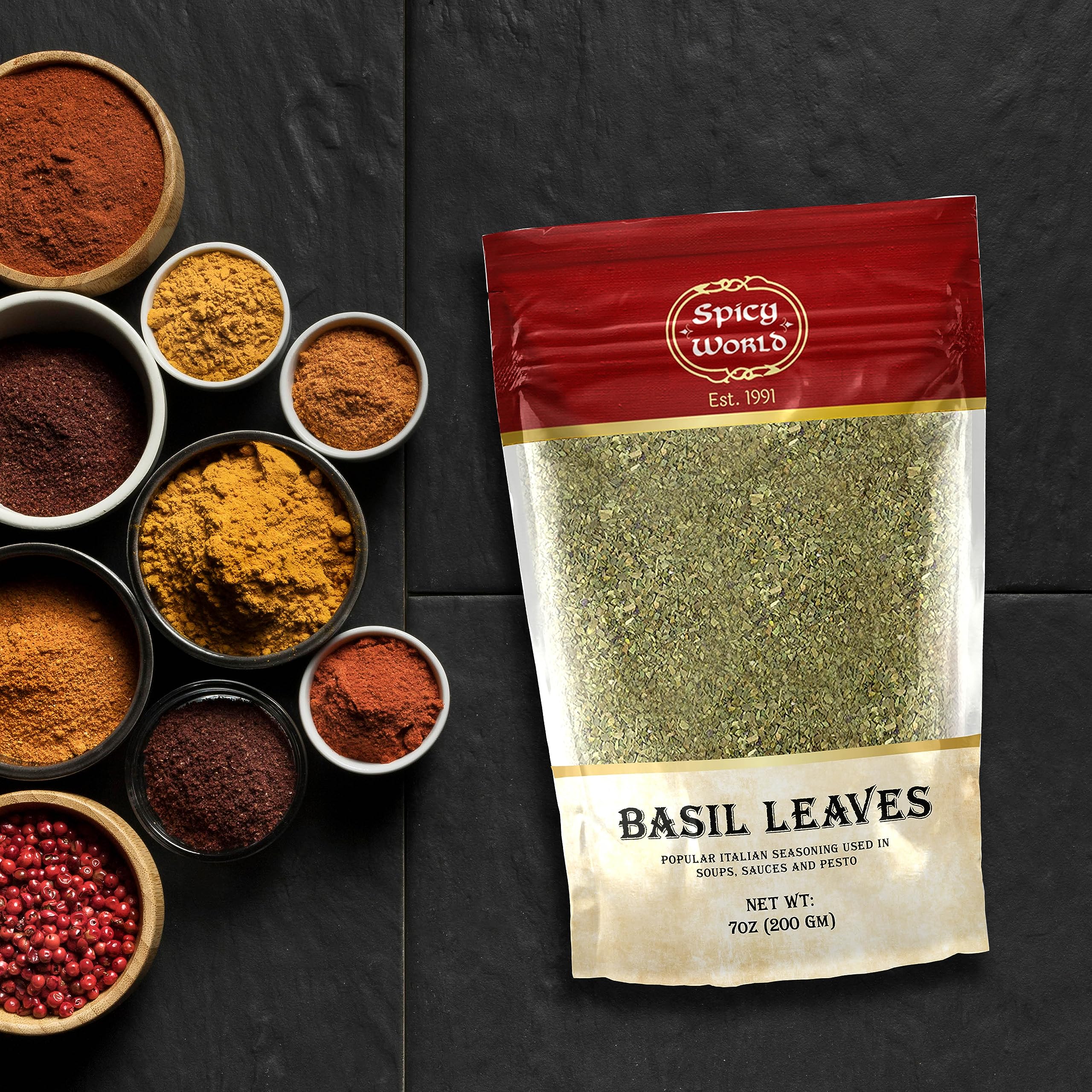 Spicy World basil leaves in resealable bag preserve aroma between uses.