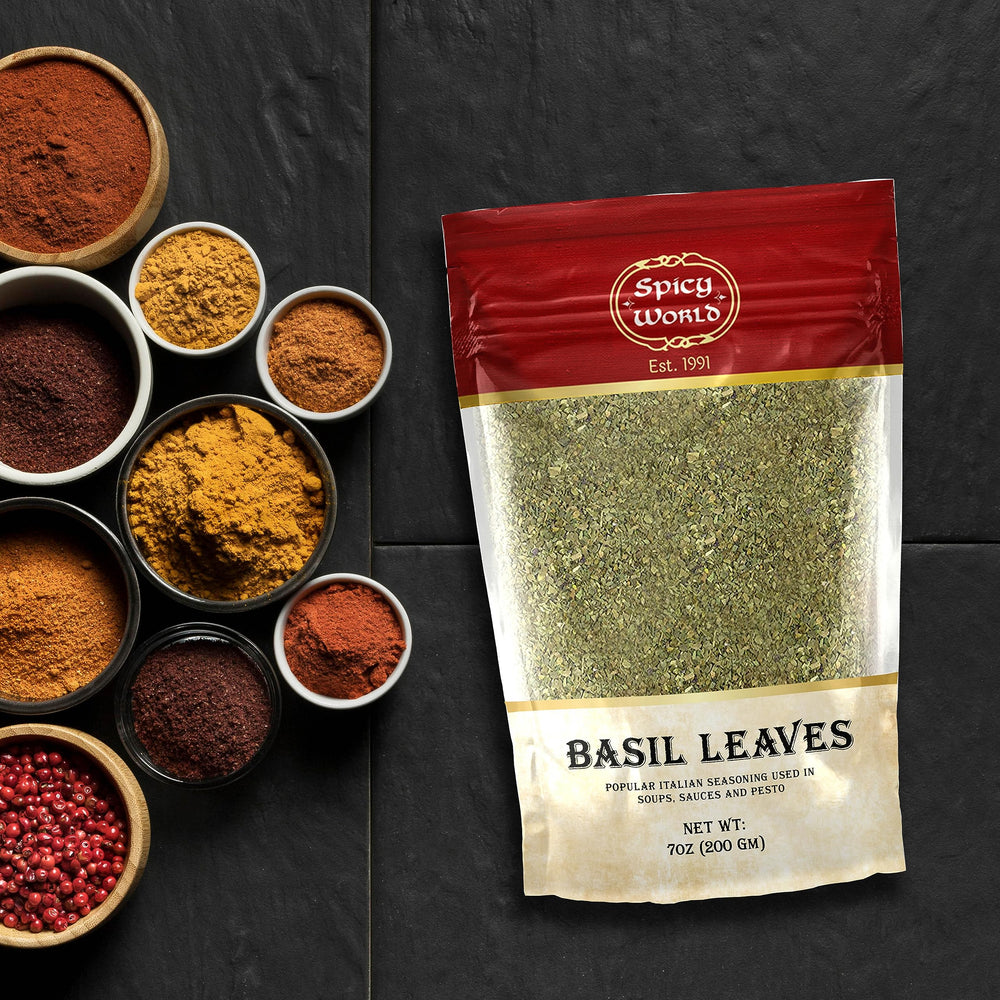 Spicy World basil leaves in resealable bag preserve aroma between uses.