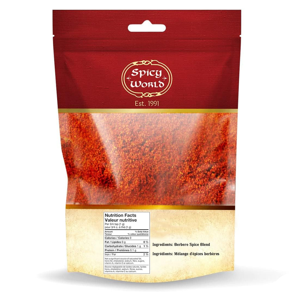 Spicy World Berbere closeup reveals bold red spices for rich, layered flavors.