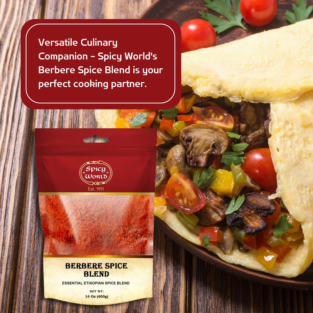 Spicy World Berbere ingredients collage highlights warm notes.