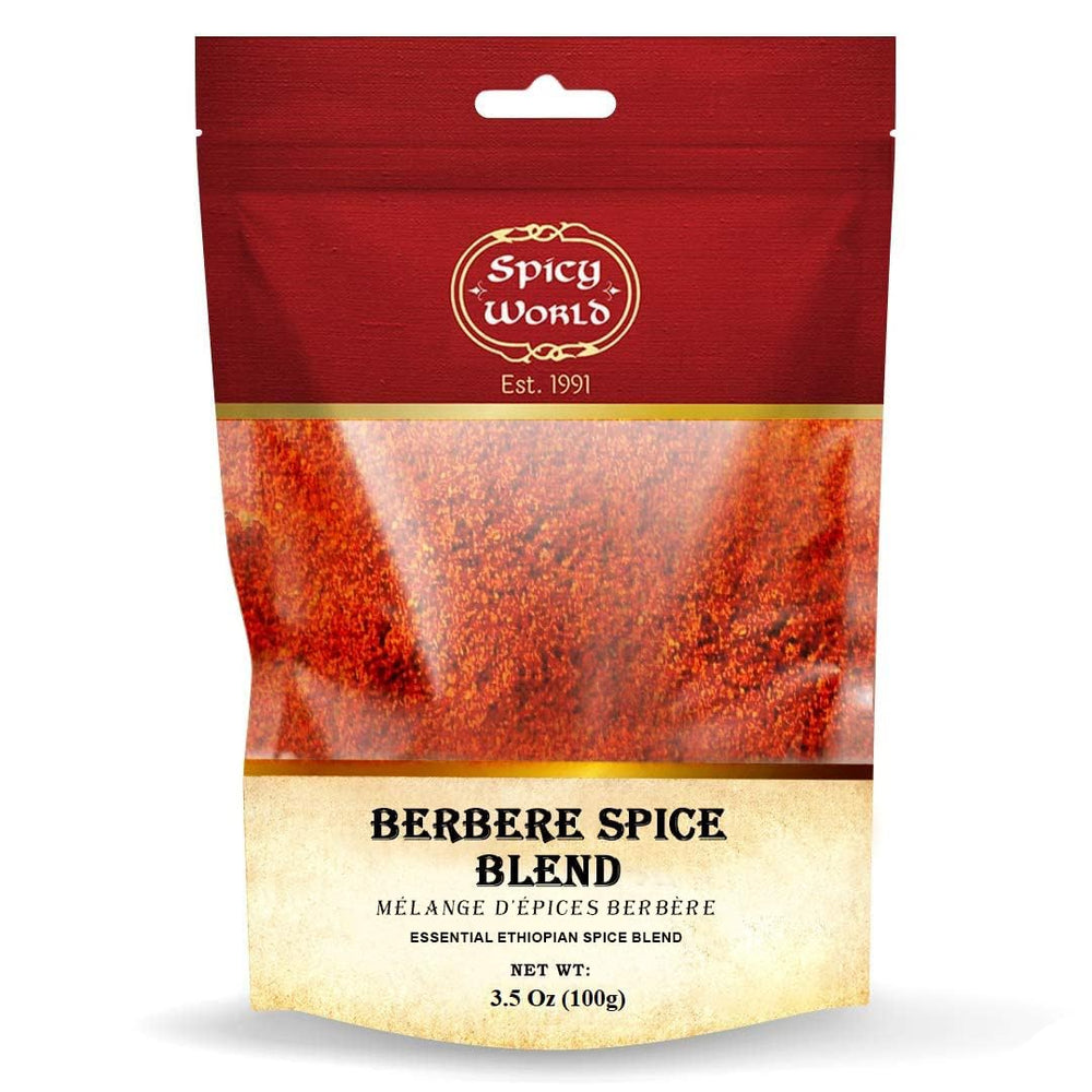 Spicy World Berbere spice blend in a jar for authentic Ethiopian stews.