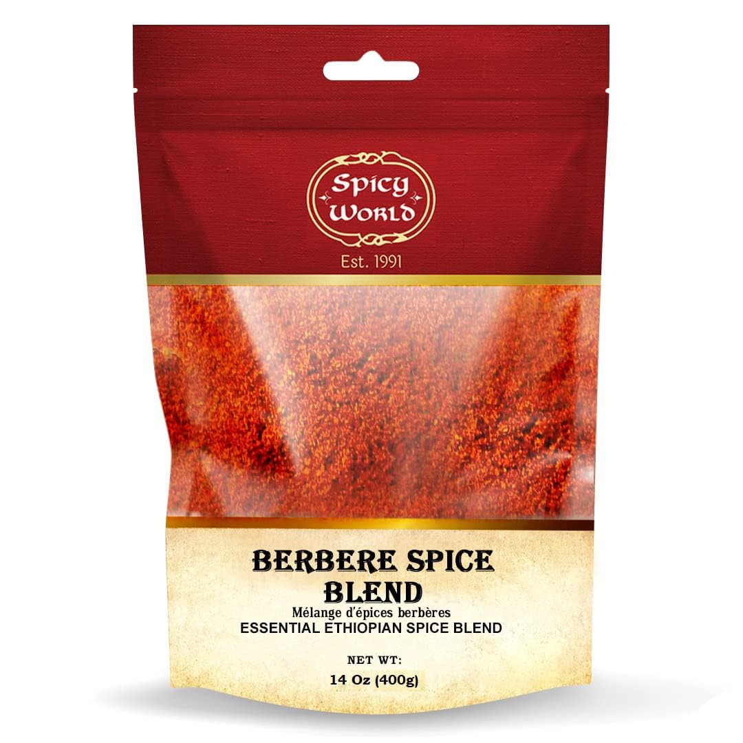 Spicy World Berbere spice blend jar shows authentic Ethiopian seasoning for cooking.