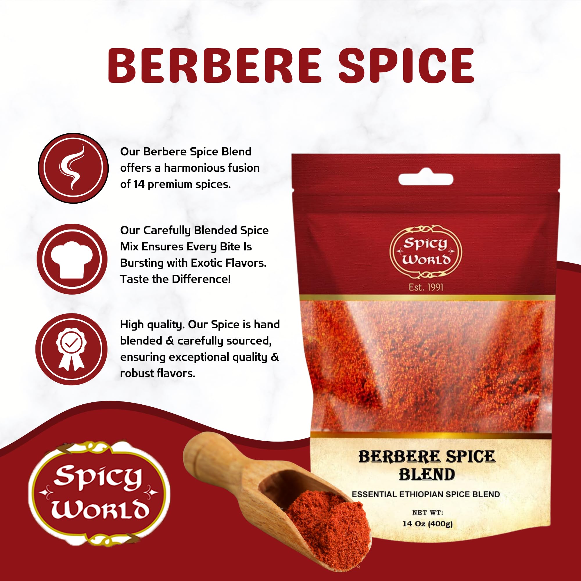 Closeup of Spicy World Berbere ingredients showing cayenne, fenugreek, cinnamon.