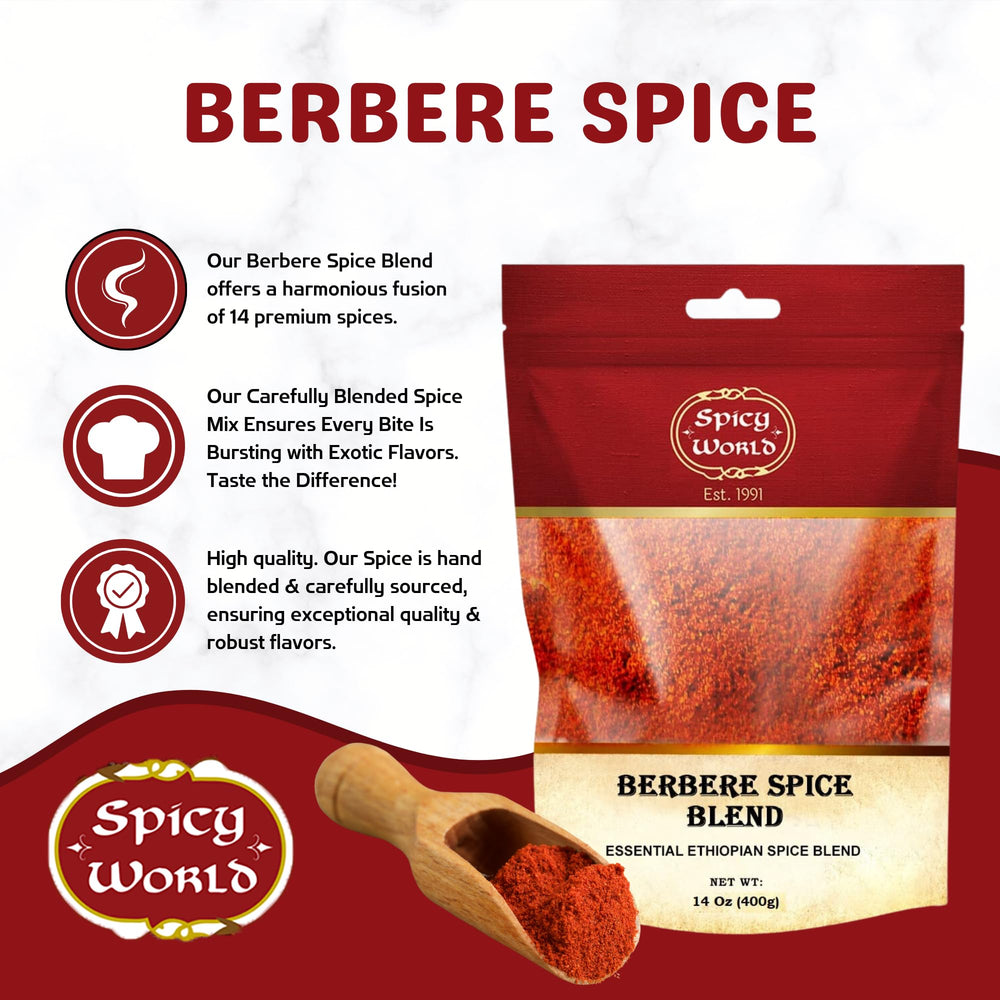 Spicy World Berbere packaging highlights a 14 oz bag for pantry staple.