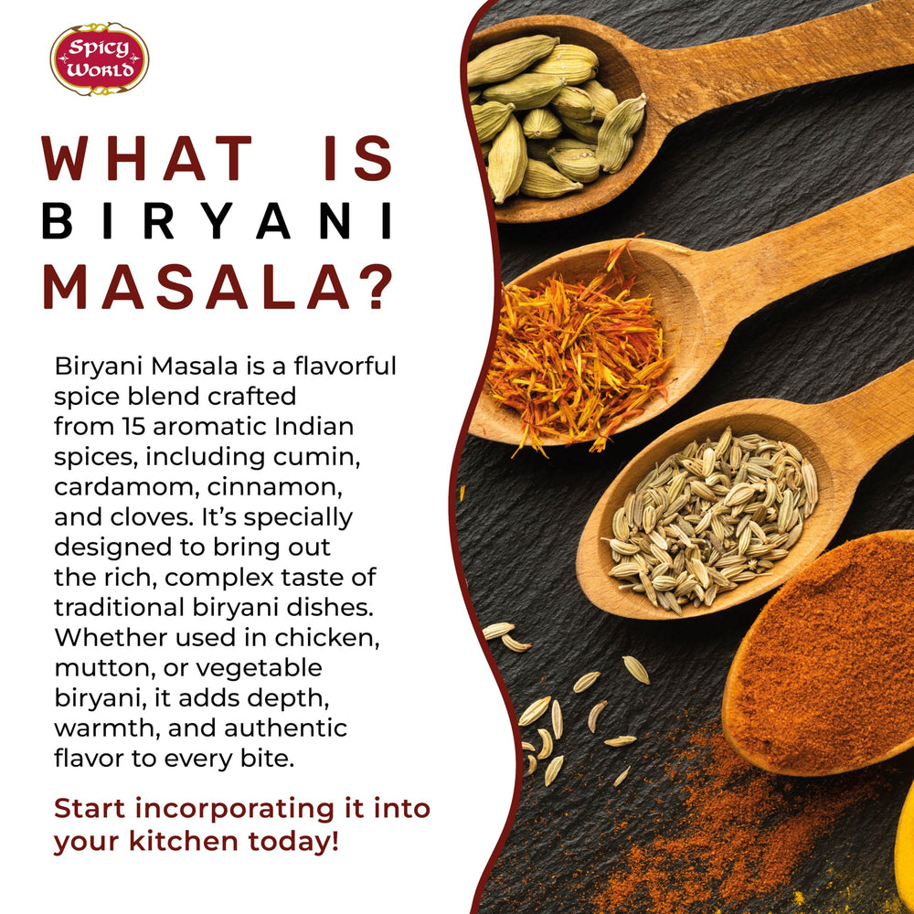 Spicy World Biryani Masala in a pan enhances cooking aroma.