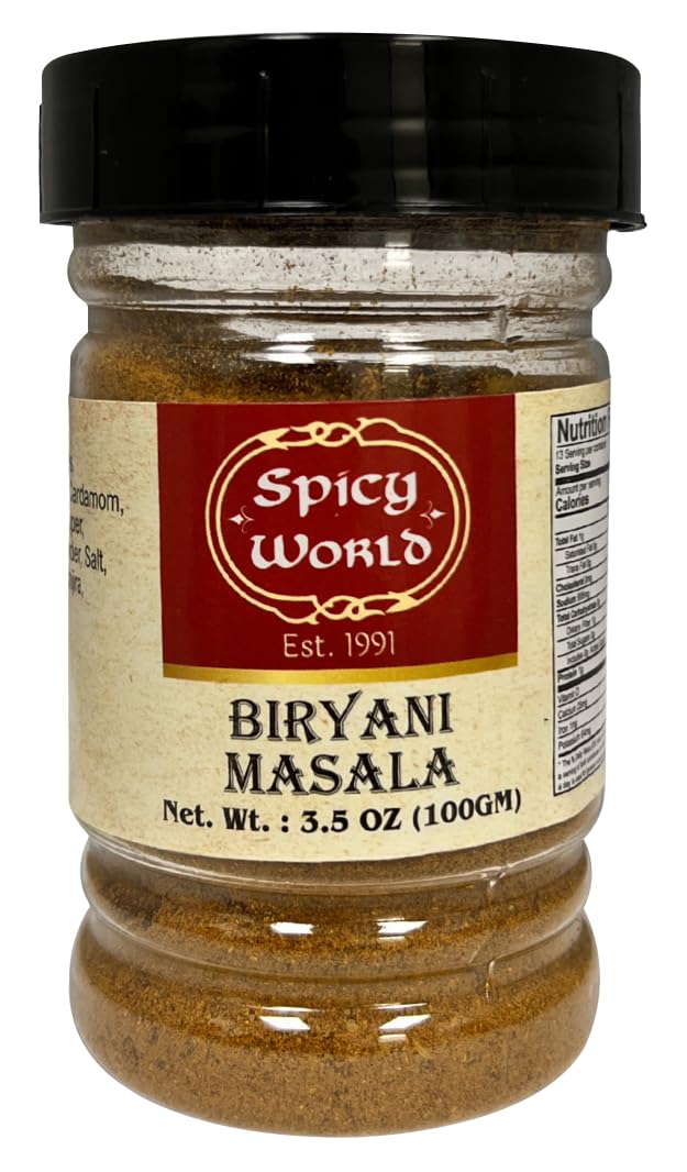 Spicy World Biryani Masala jar closeup for authentic aroma.