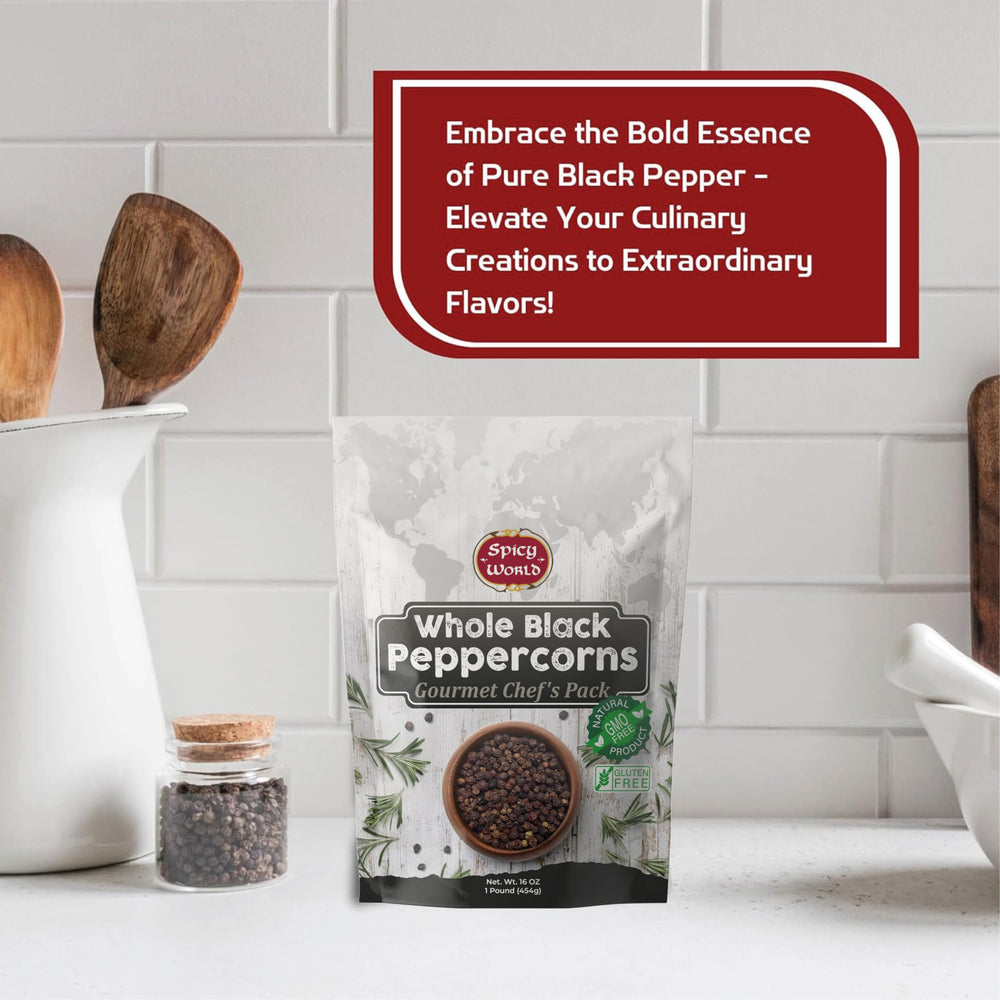 Spicy World whole peppercorns provide intense aroma when ground at home.