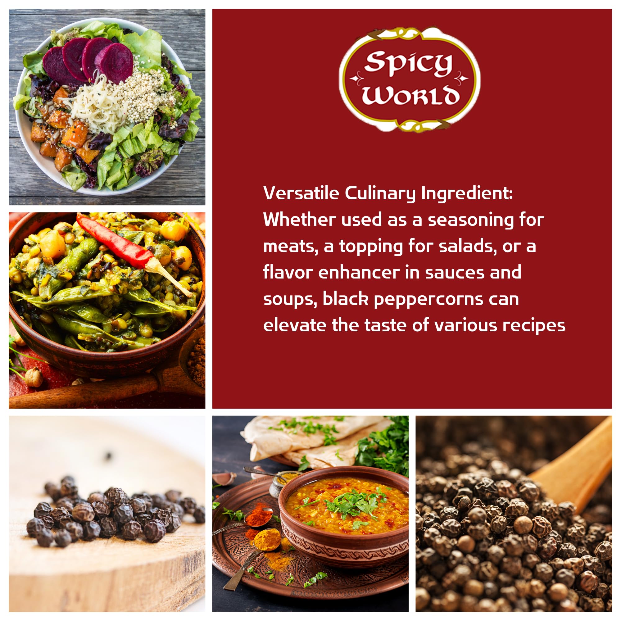 Spicy World peppercorns ready-to-use seasoning for cooking and table.