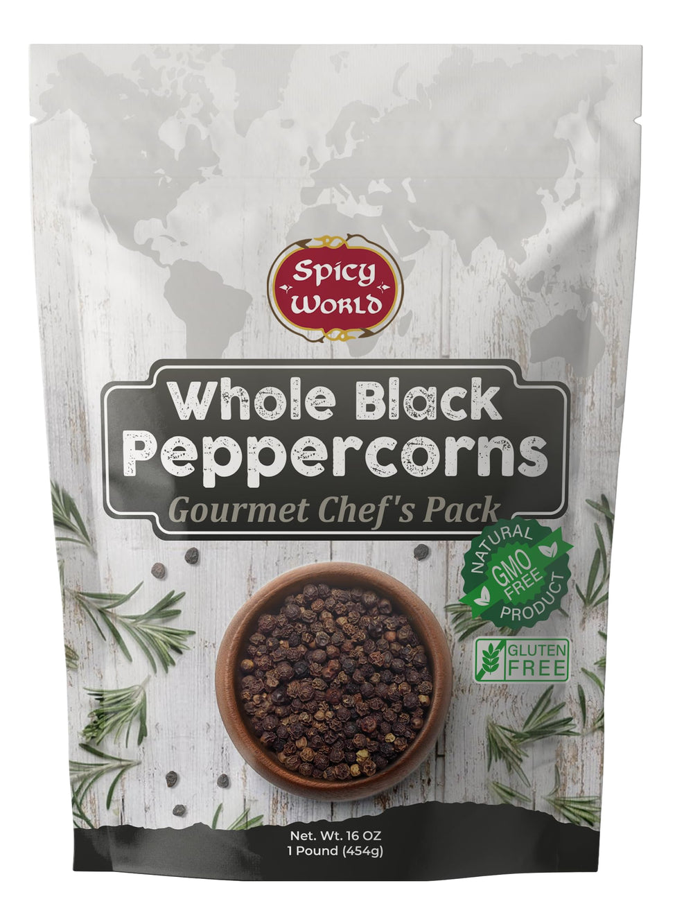 Spicy World black peppercorns whole 16oz pack with bold aroma for kitchen use.
