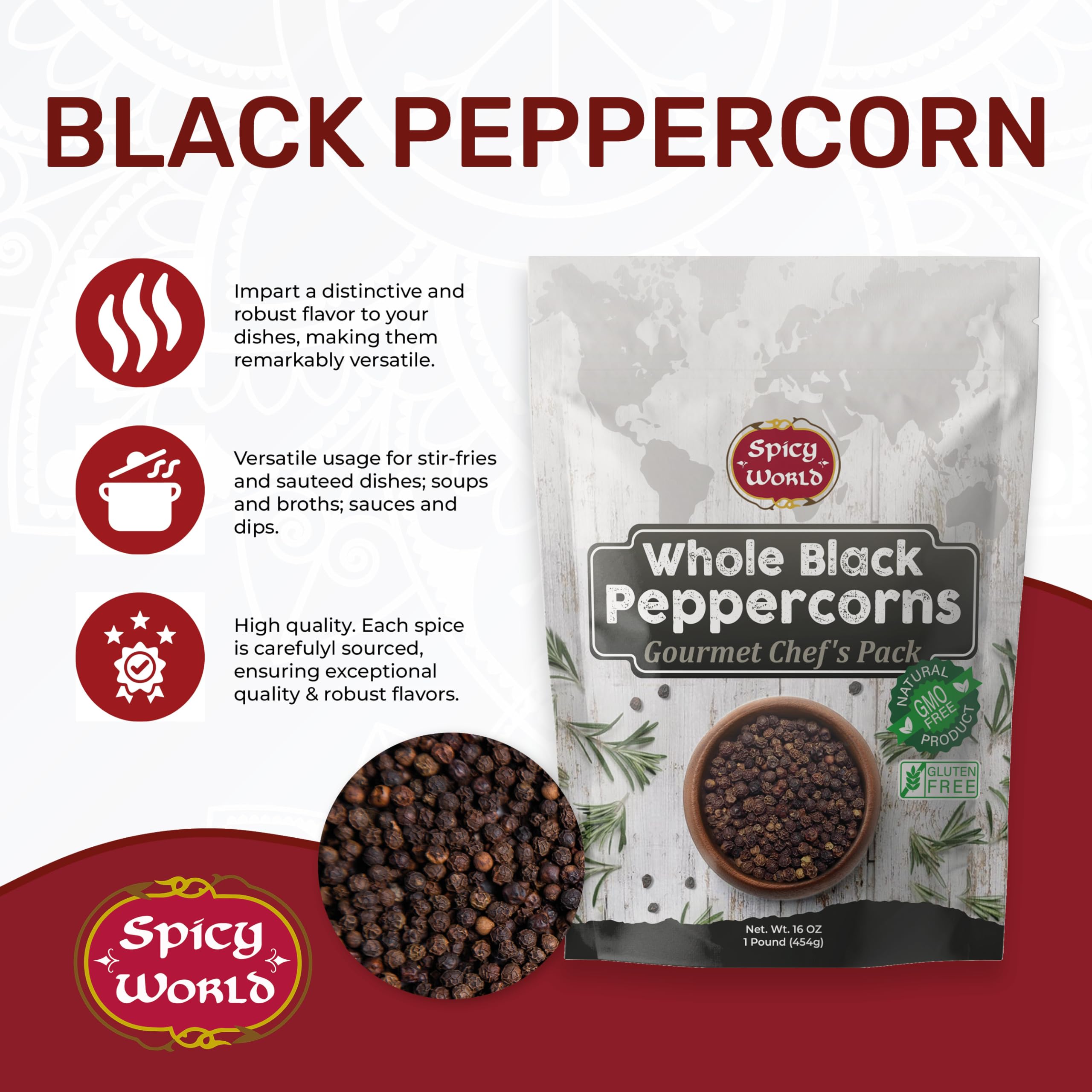 Spicy World peppercorns whole close-up for robust grinding and aroma.