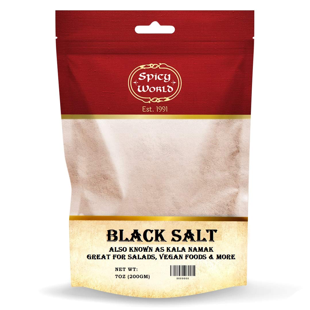 Spicy World black salt powder bottle showing eggy flavor for vegan dishes.
