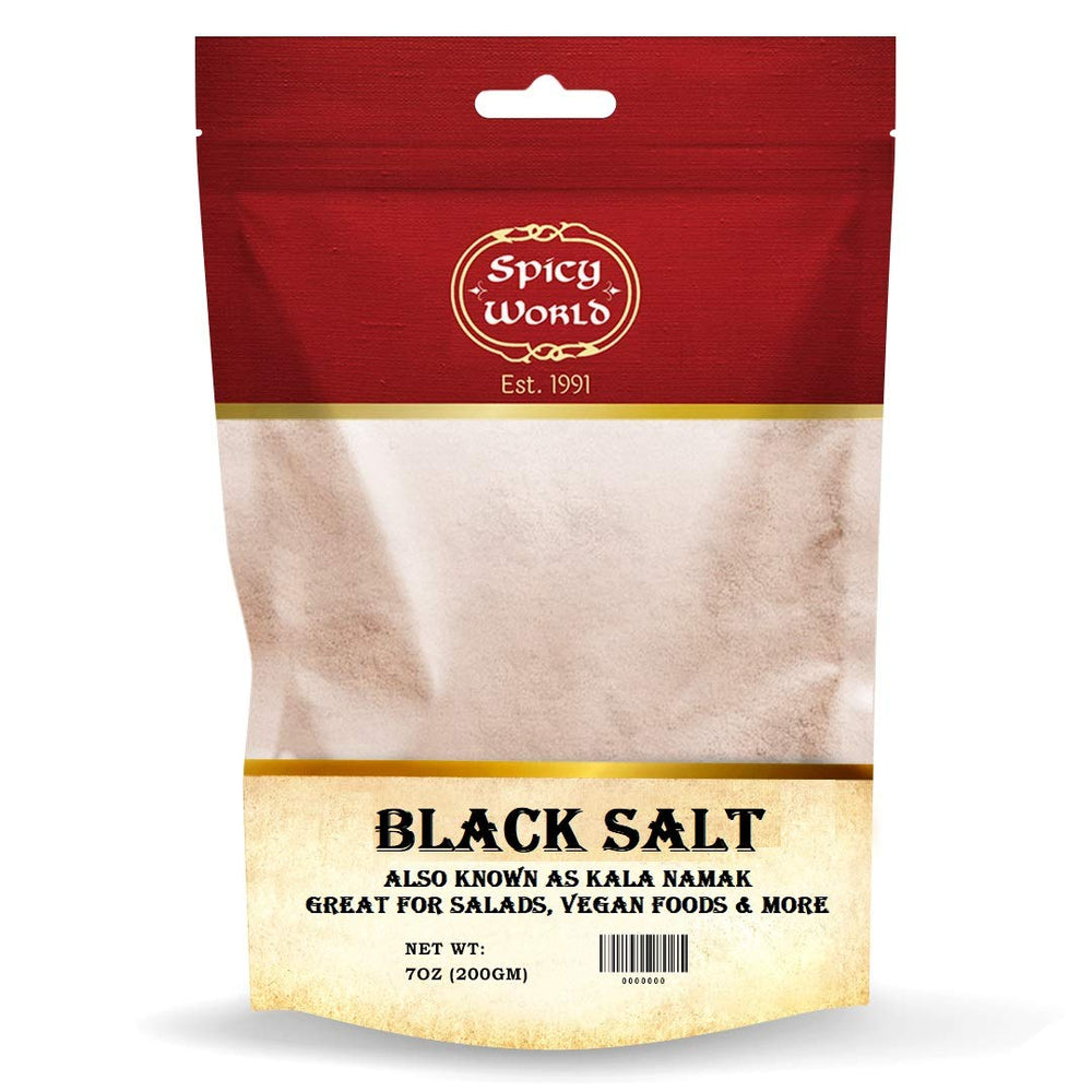 Spicy World black salt powder bottle showing eggy flavor for vegan dishes.