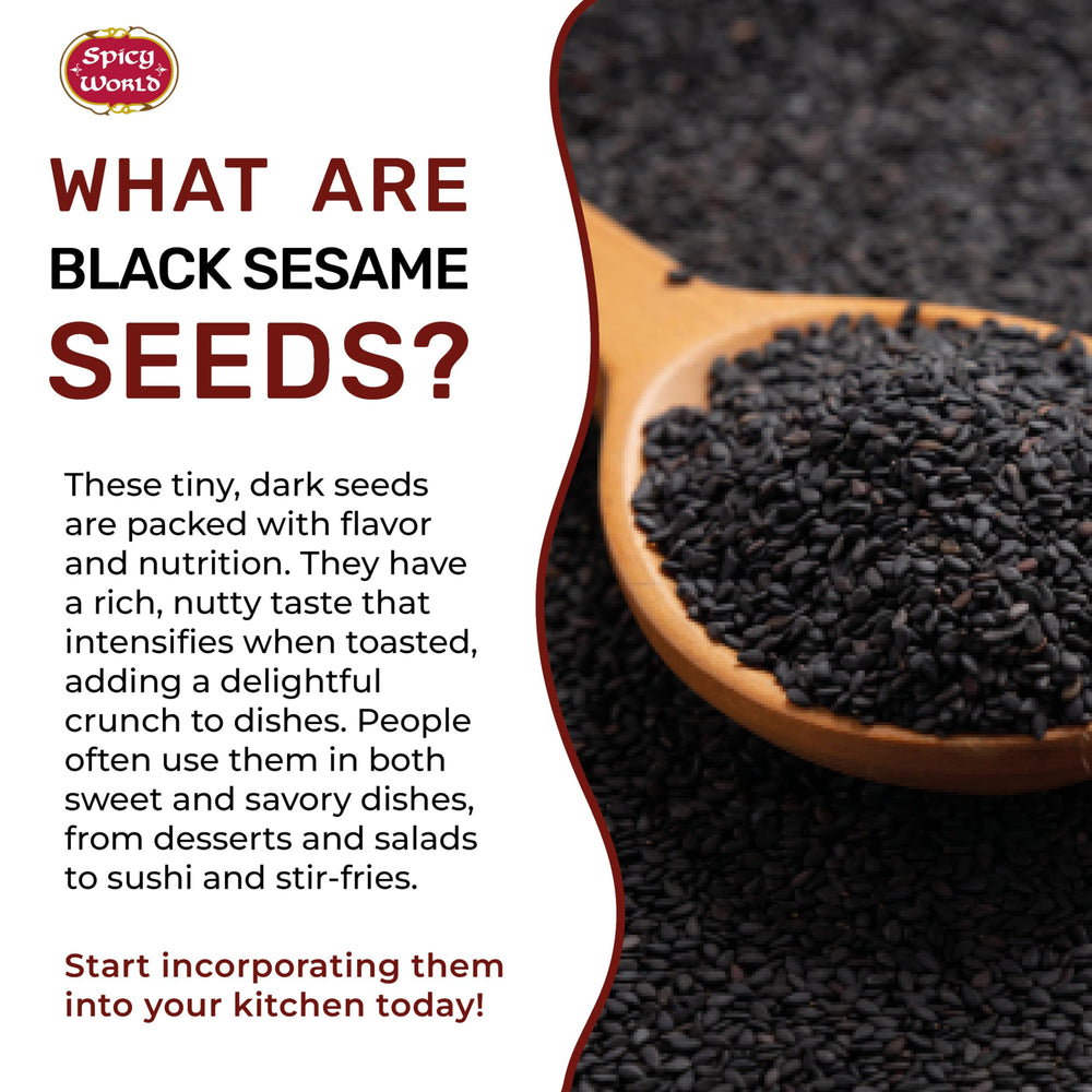 Spicy World raw black sesame seeds close-up with nutty aroma.