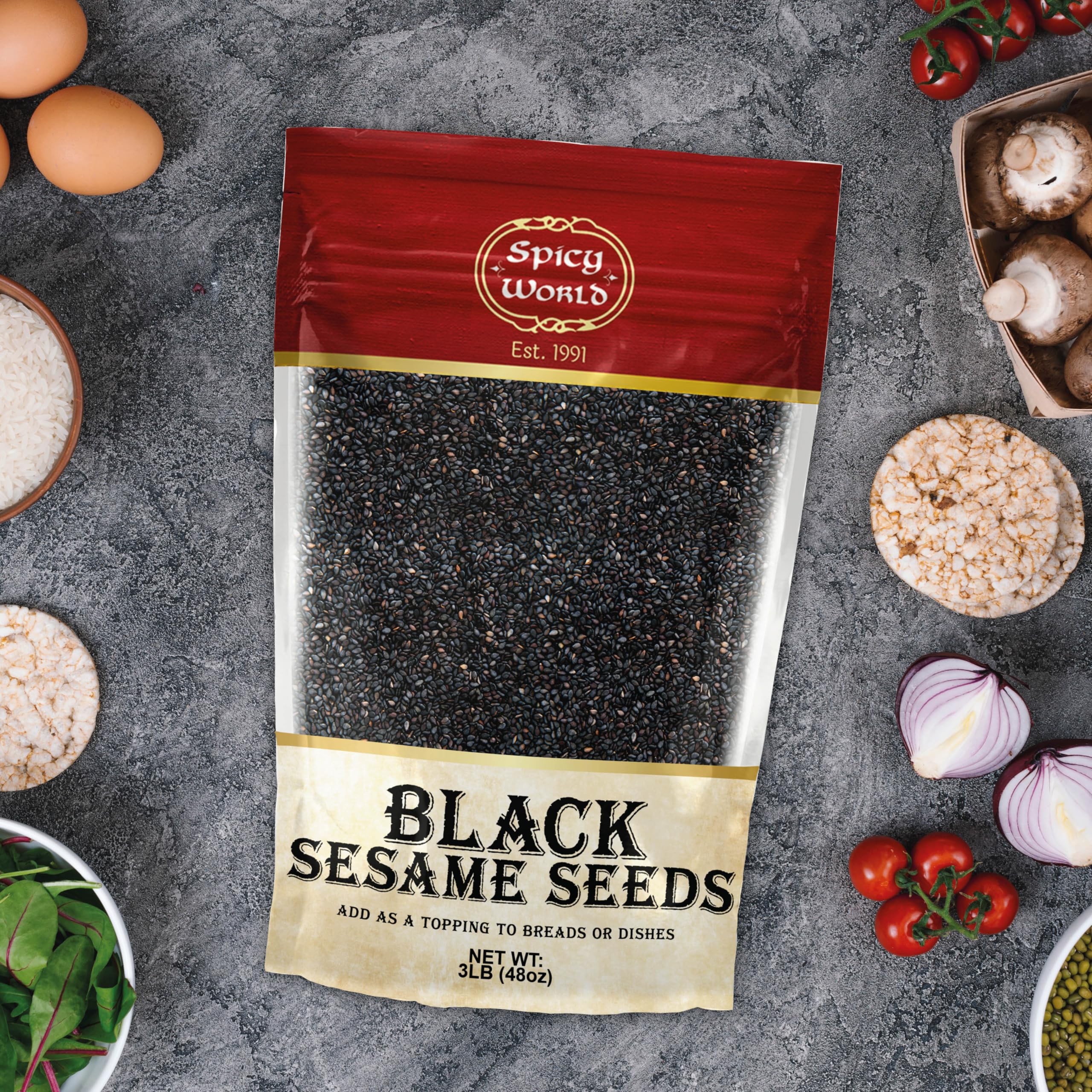 Spicy World raw black sesame seeds in packaging for bulk use.