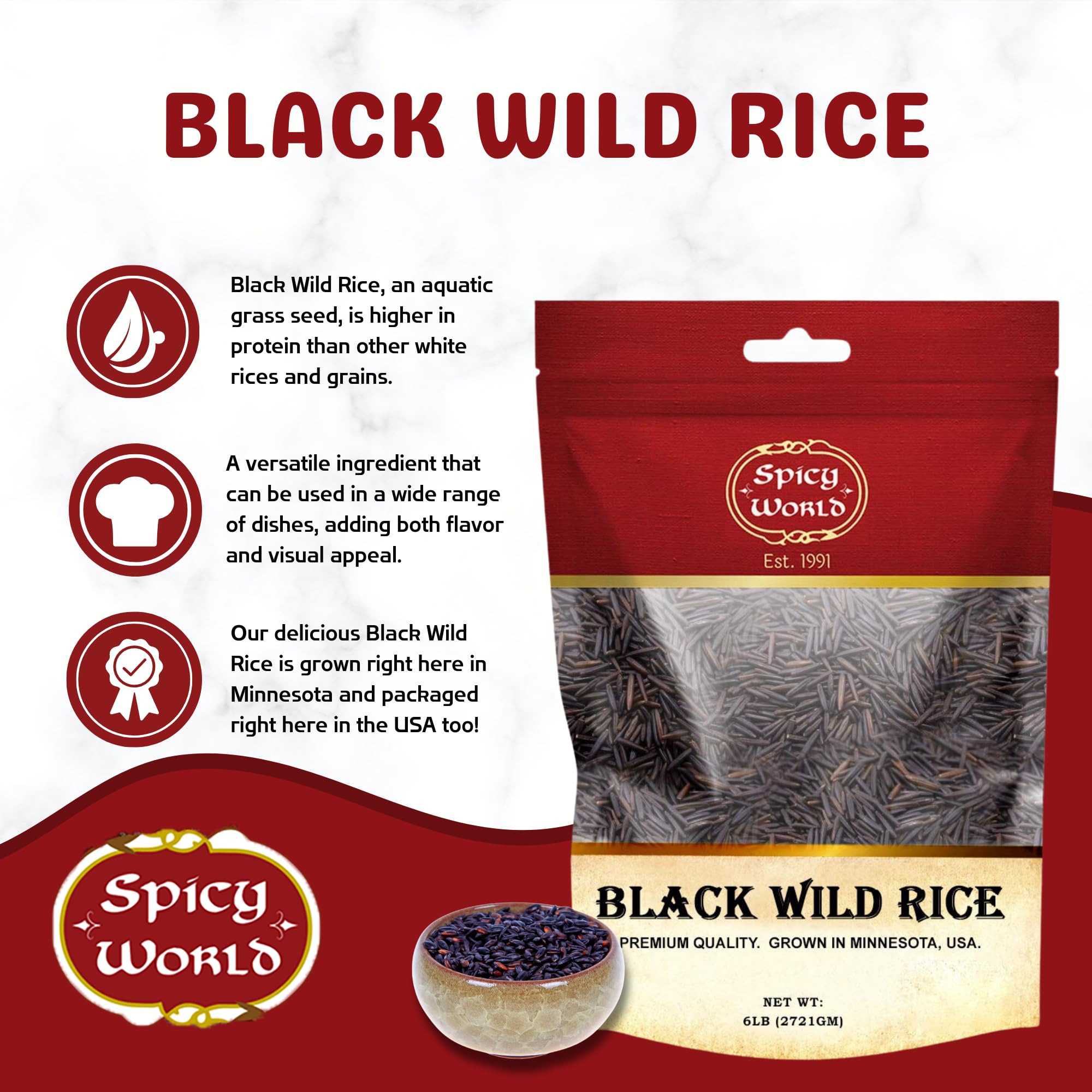 Spicy World black wild rice in a bowl ready for pilaf or side dish