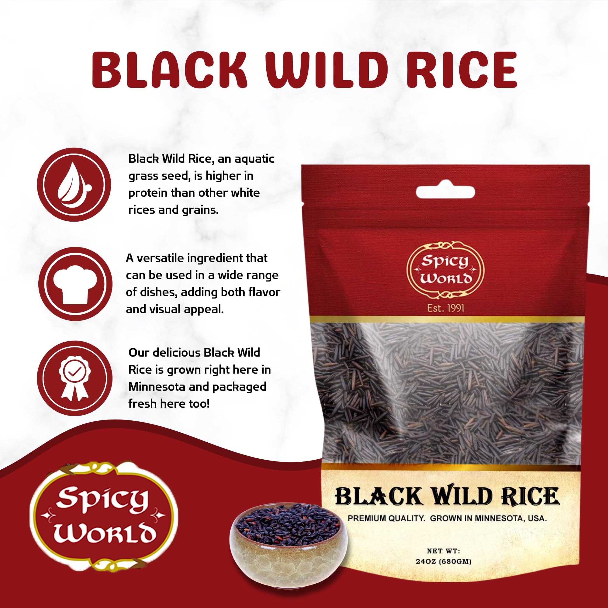 Spicy World black wild rice seed and hull closeup shows distinctive texture and nutty flavor.
