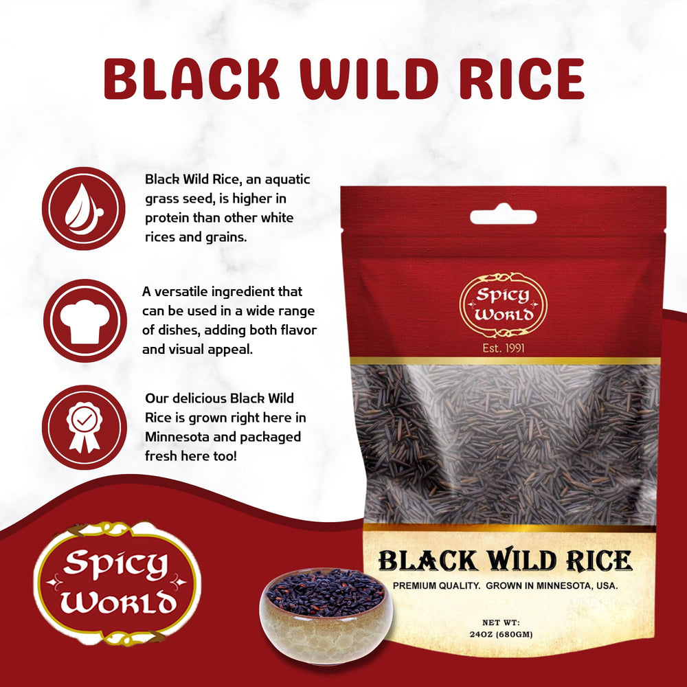 Spicy World black wild rice seed and hull closeup shows distinctive texture and nutty flavor.