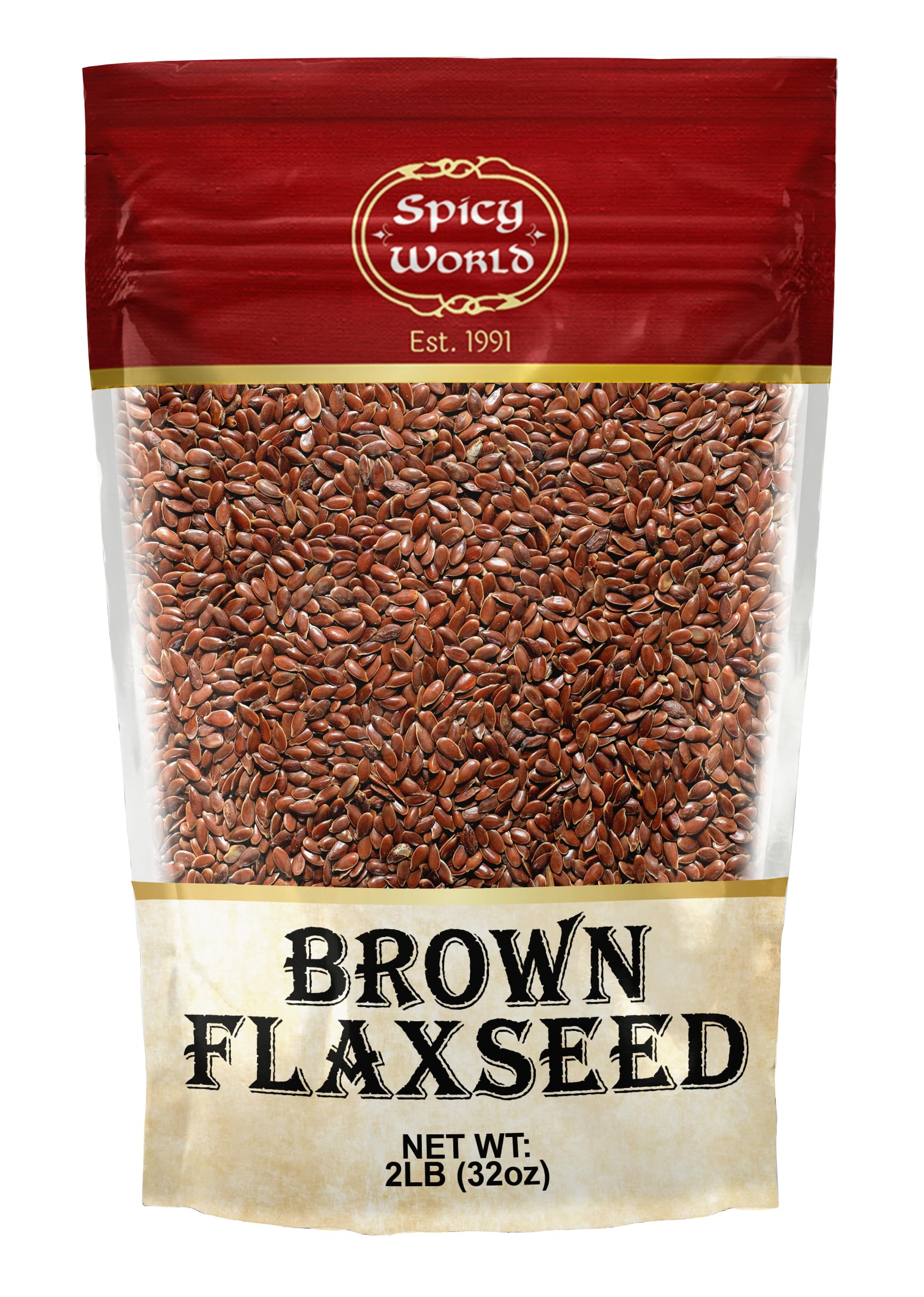 Spicy World brown flaxseed 2lb bag displayed for baking and smoothies