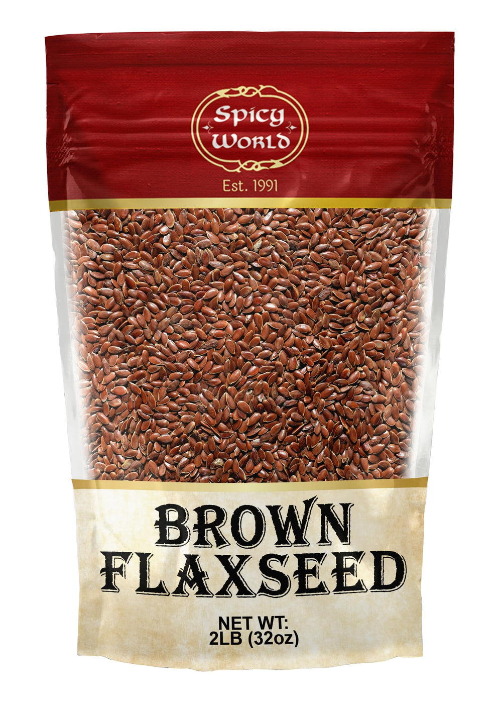 Spicy World brown flaxseed 2lb bag displayed for baking and smoothies