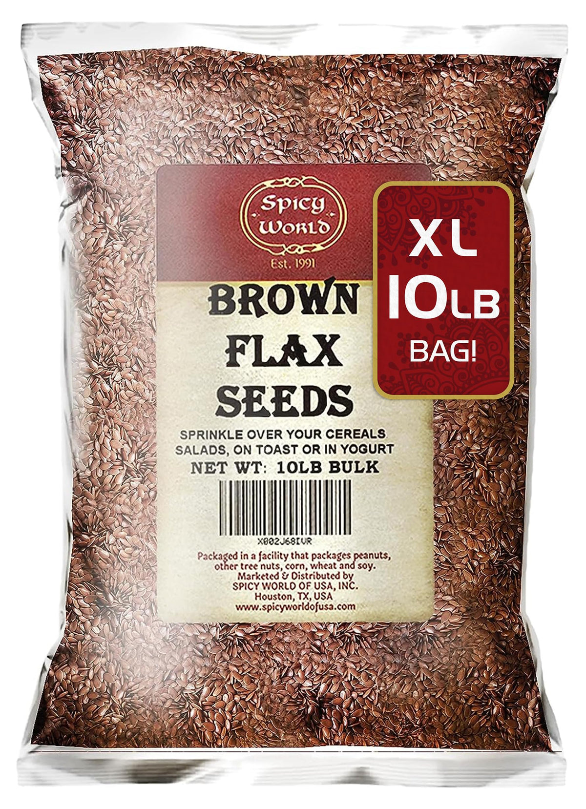 Spicy World brown flaxseed bag, a pantry staple for fiber and omega-3.