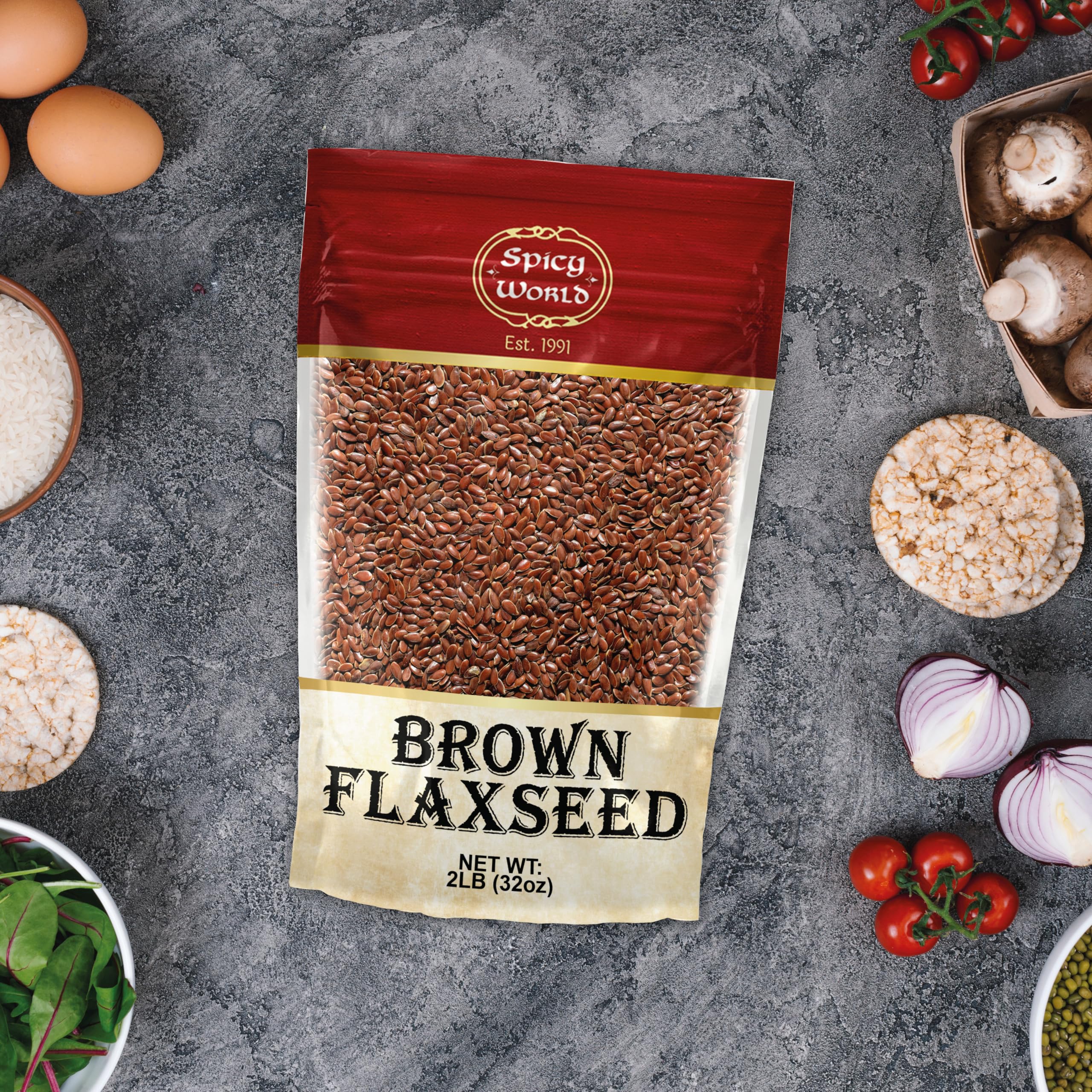 Spicy World flaxseed packaging shows USA origin and quality