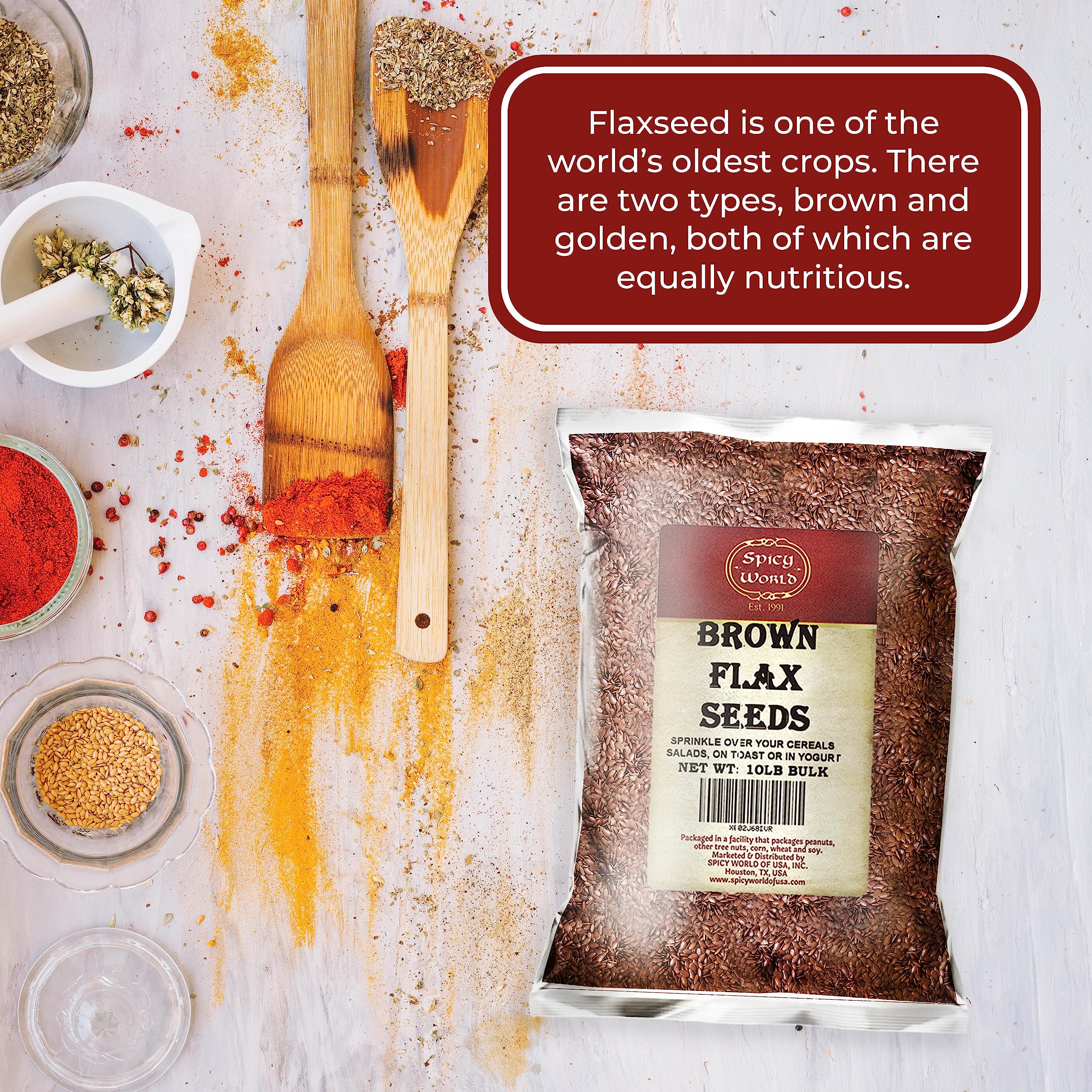Spicy World flaxseed packaging close-up.
