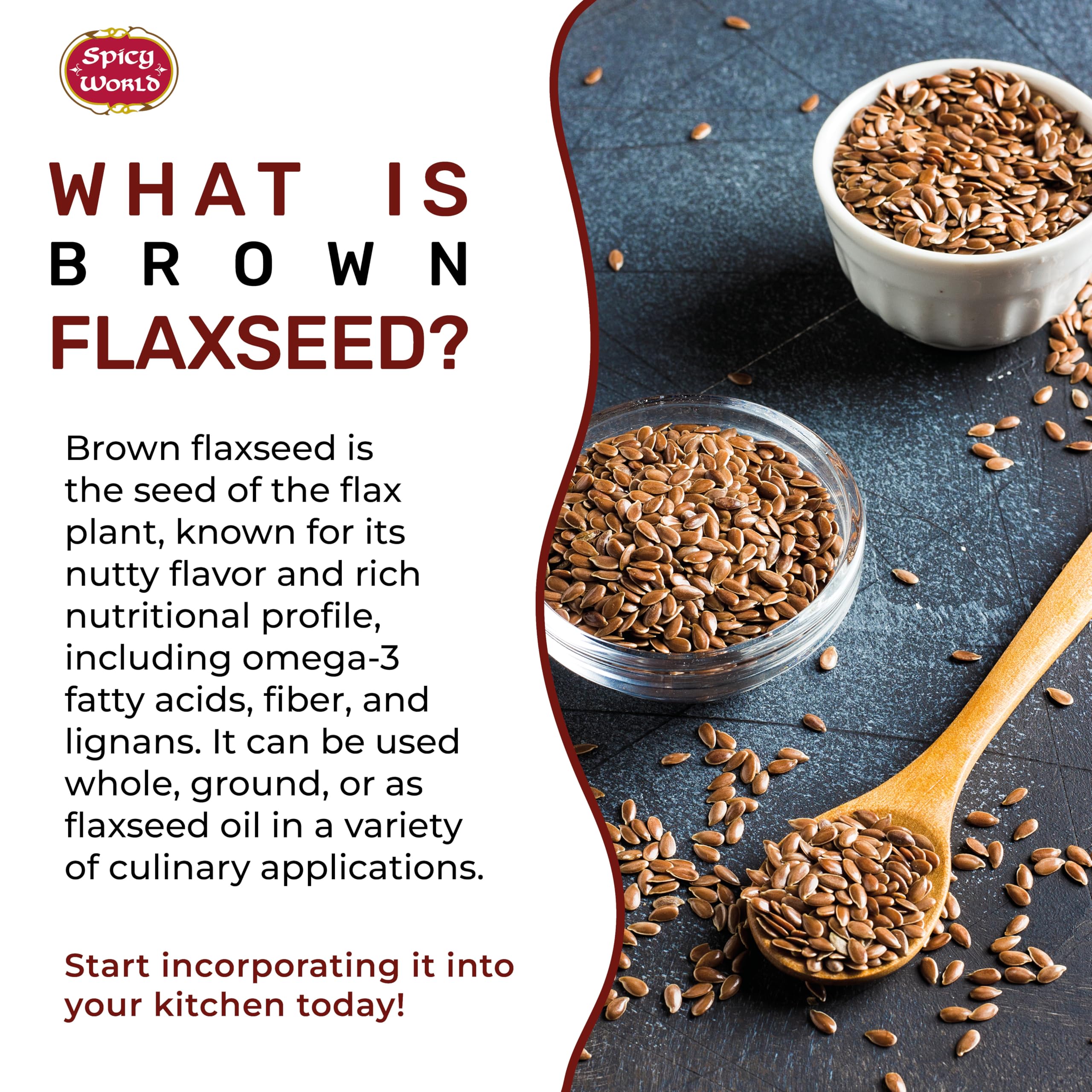 Spicy World flaxseed being poured shows easy sprinkling into foods