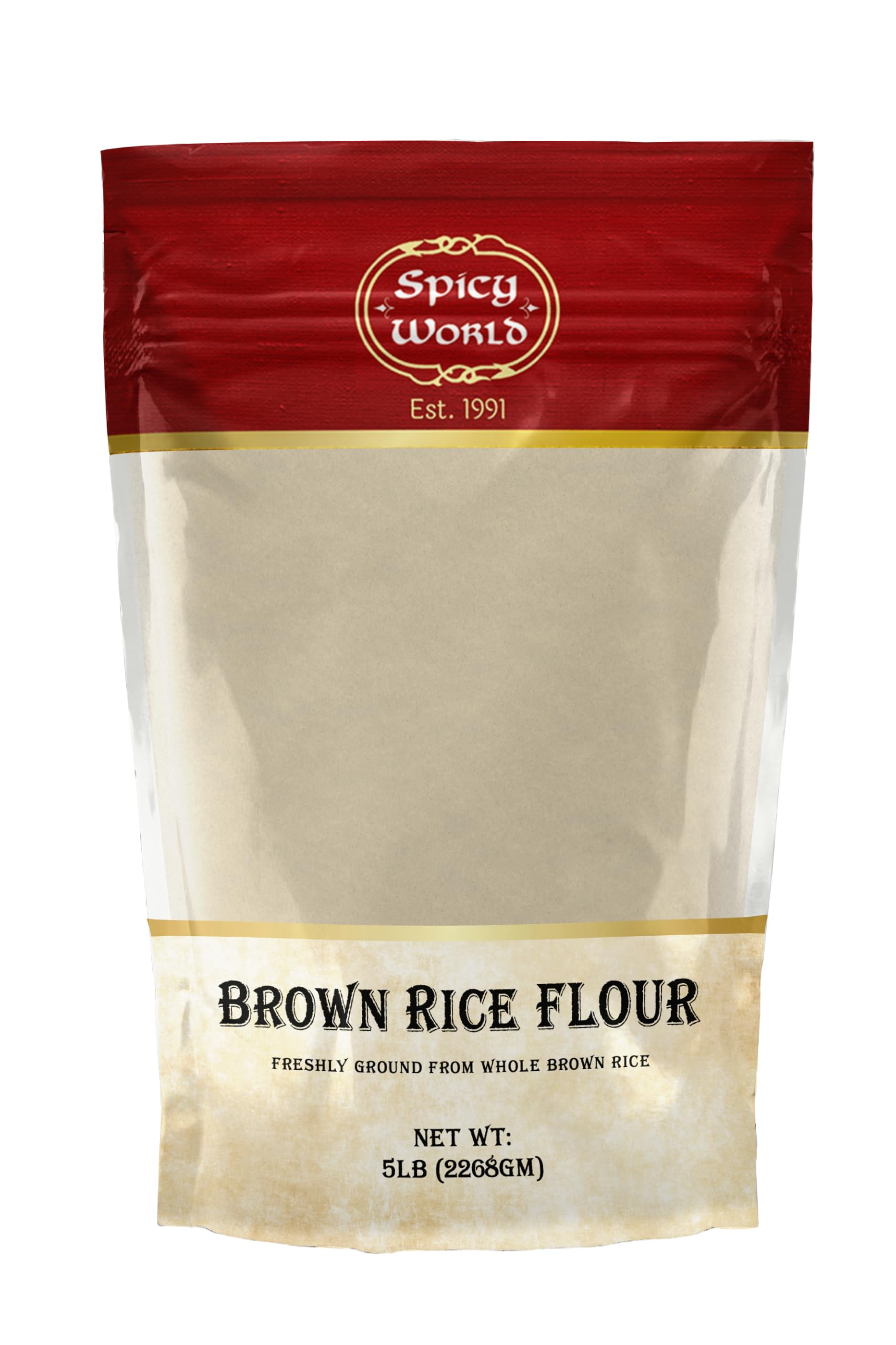 Spicy World brown rice flour bag in a resealable 5 lb pouch, ideal for versatile baking and cooking.