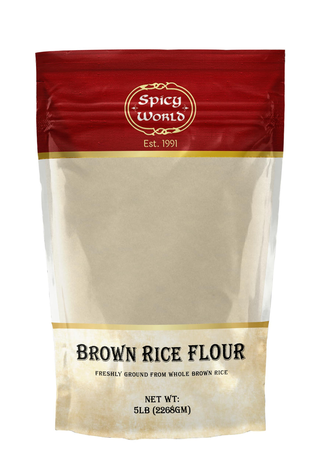 Spicy World brown rice flour bag in a resealable 5 lb pouch, ideal for versatile baking and cooking.