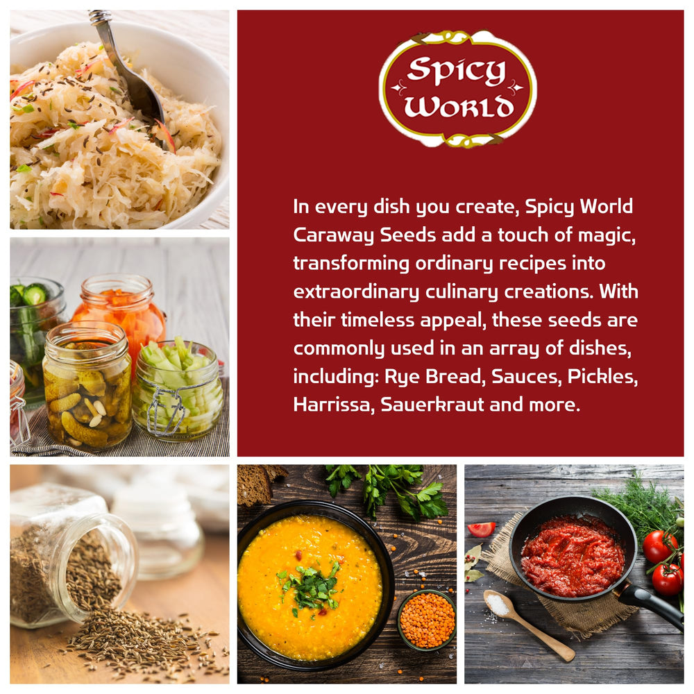 Spicy World caraway seeds in a kitchen scene, versatile for recipes.