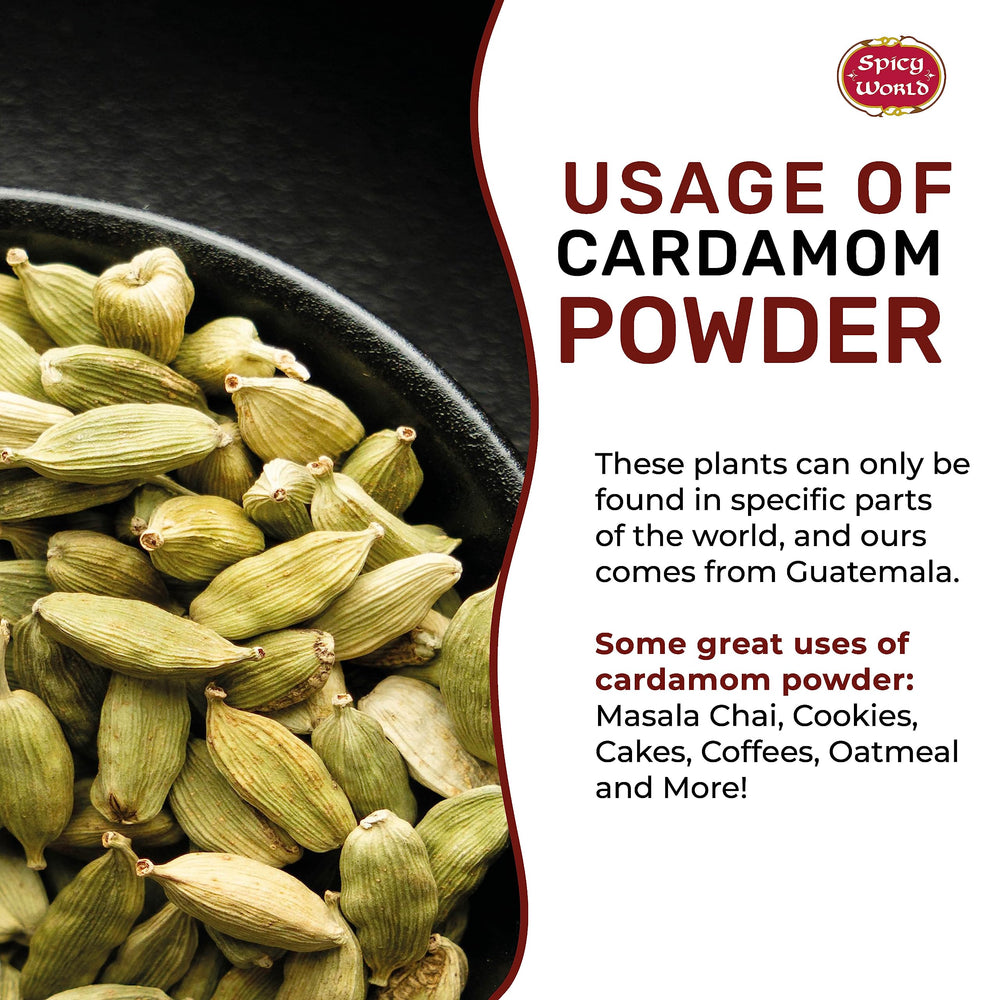 Spicy World cardamom powder beside coffee and tea for flavor boosts