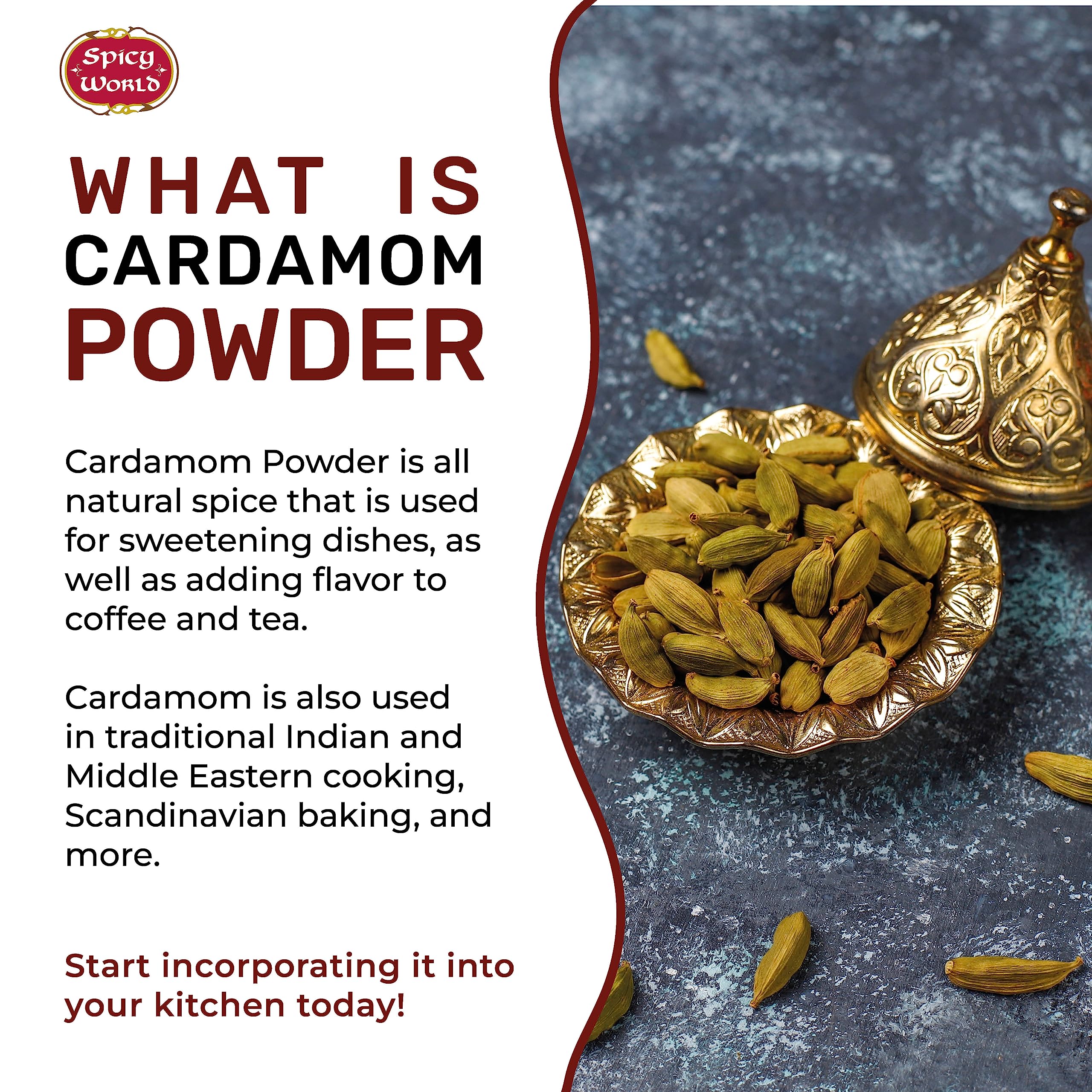 Spicy World cardamom powder scooped with a spoon for recipes