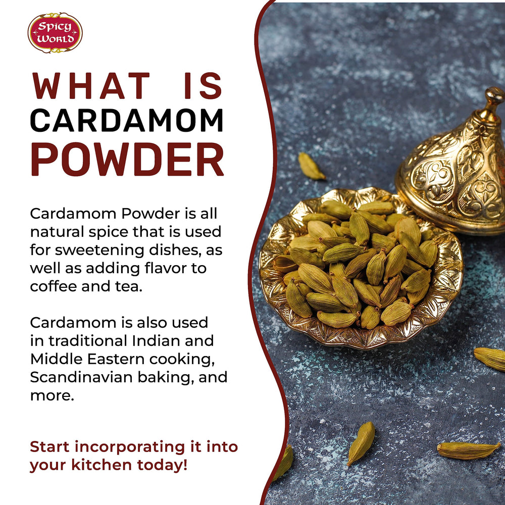 Spicy World cardamom powder scooped with a spoon for recipes