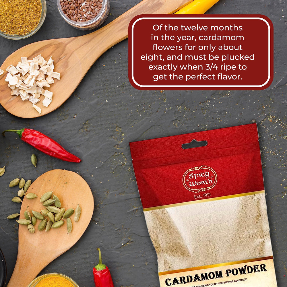 Spicy World cardamom powder steam rising suggests warm beverages