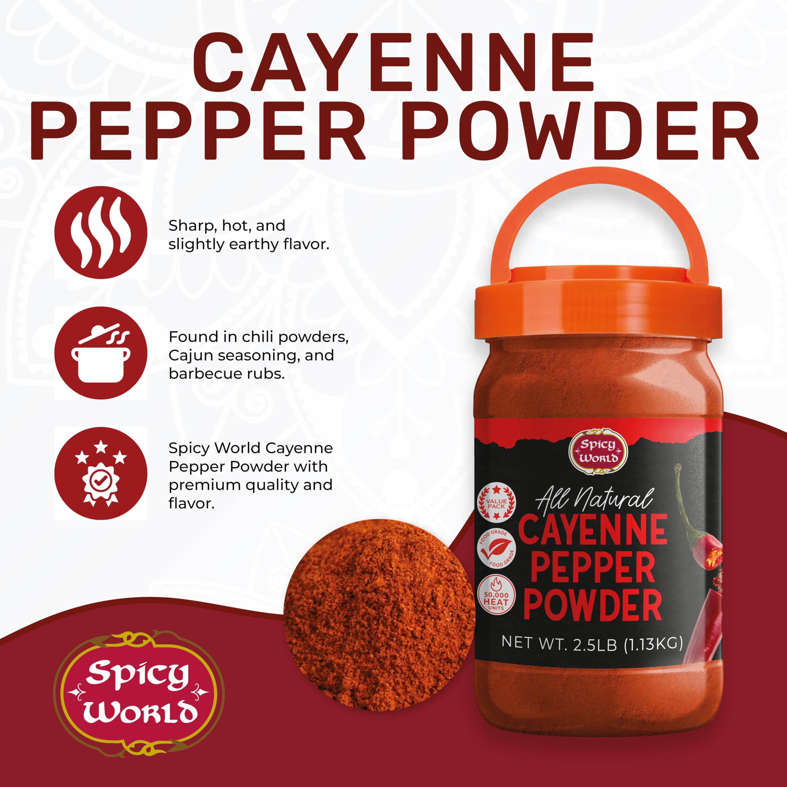 Spicy World cayenne pepper powder packaging closeup emphasizes quality and authenticity