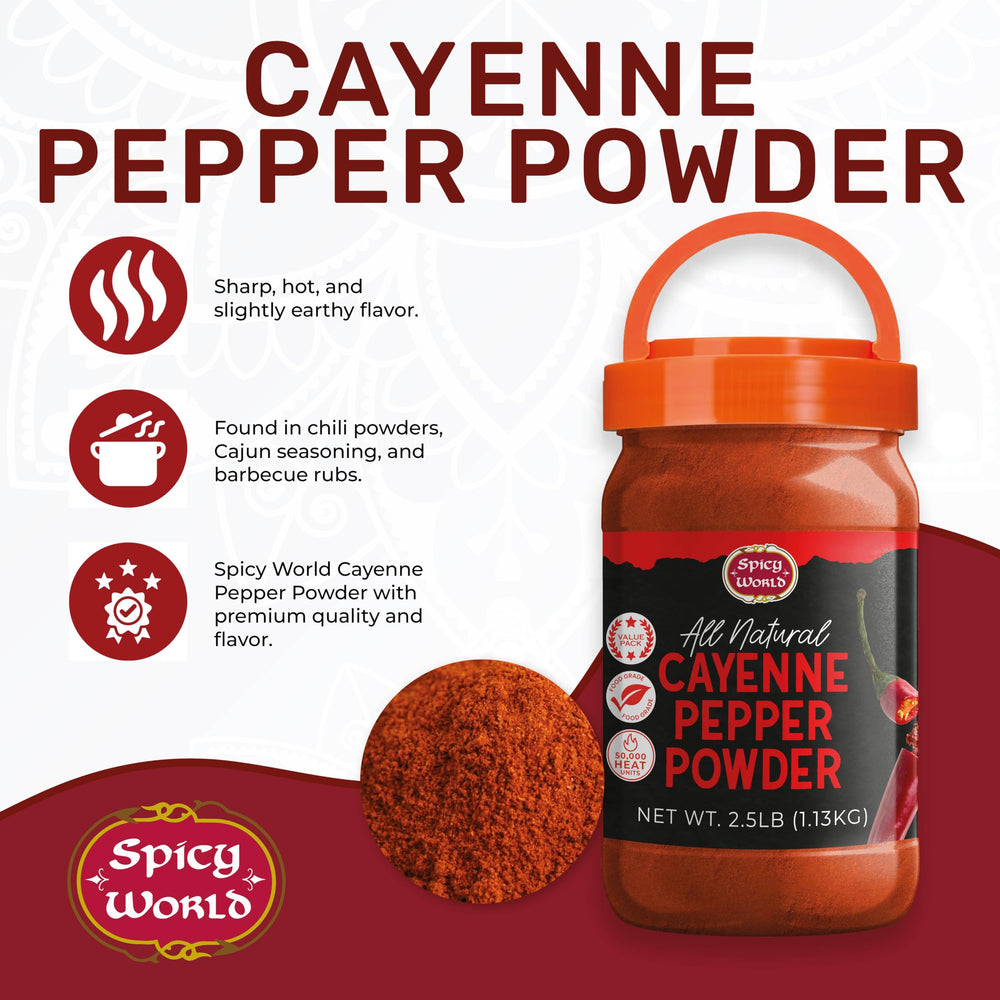 Spicy World cayenne pepper powder packaging closeup emphasizes quality and authenticity