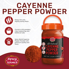 Spicy World cayenne pepper powder packaging closeup emphasizes quality and authenticity