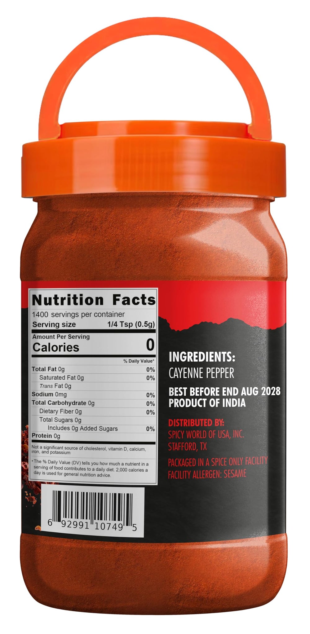 Spicy World cayenne pepper powder closeup shows vibrant red spice and freshness