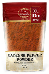 Spicy World cayenne powder bottle close-up for bold heat in marinades.