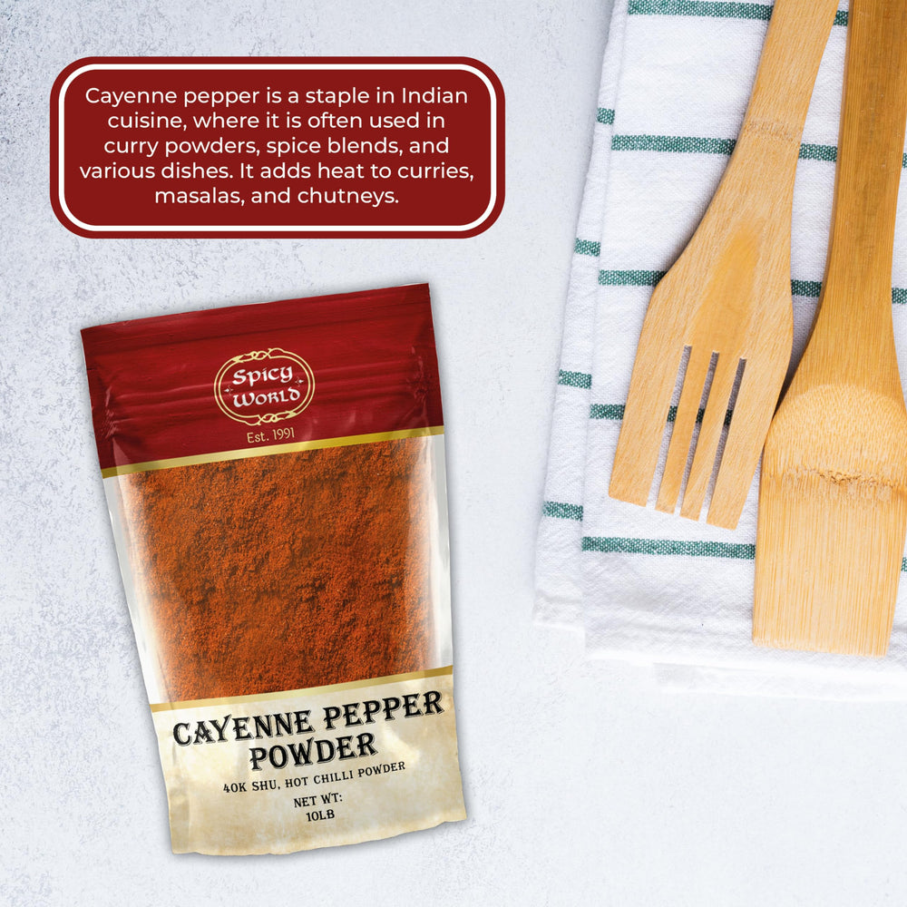 Spicy World cayenne powder bulk bag displayed for commercial use.